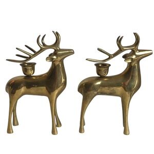 Pottery Barn Brass Reindeer Candle Holders 8” Vintage Christmas Taper Pair